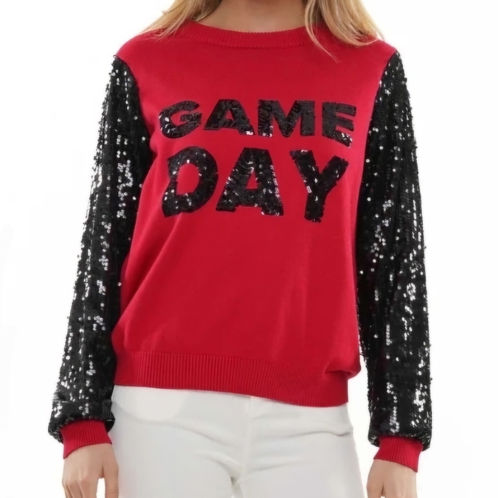Red 'Game Day' Sweater with Sequin Sleeves